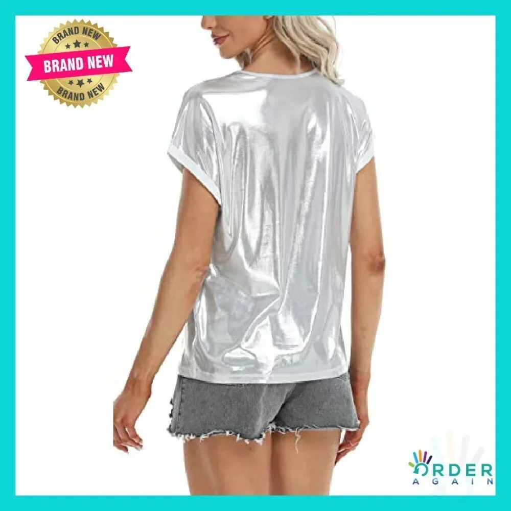 Metallic Holographic Glitter Tee Shiny Y2K Party Clubwear Short Sleeve Top